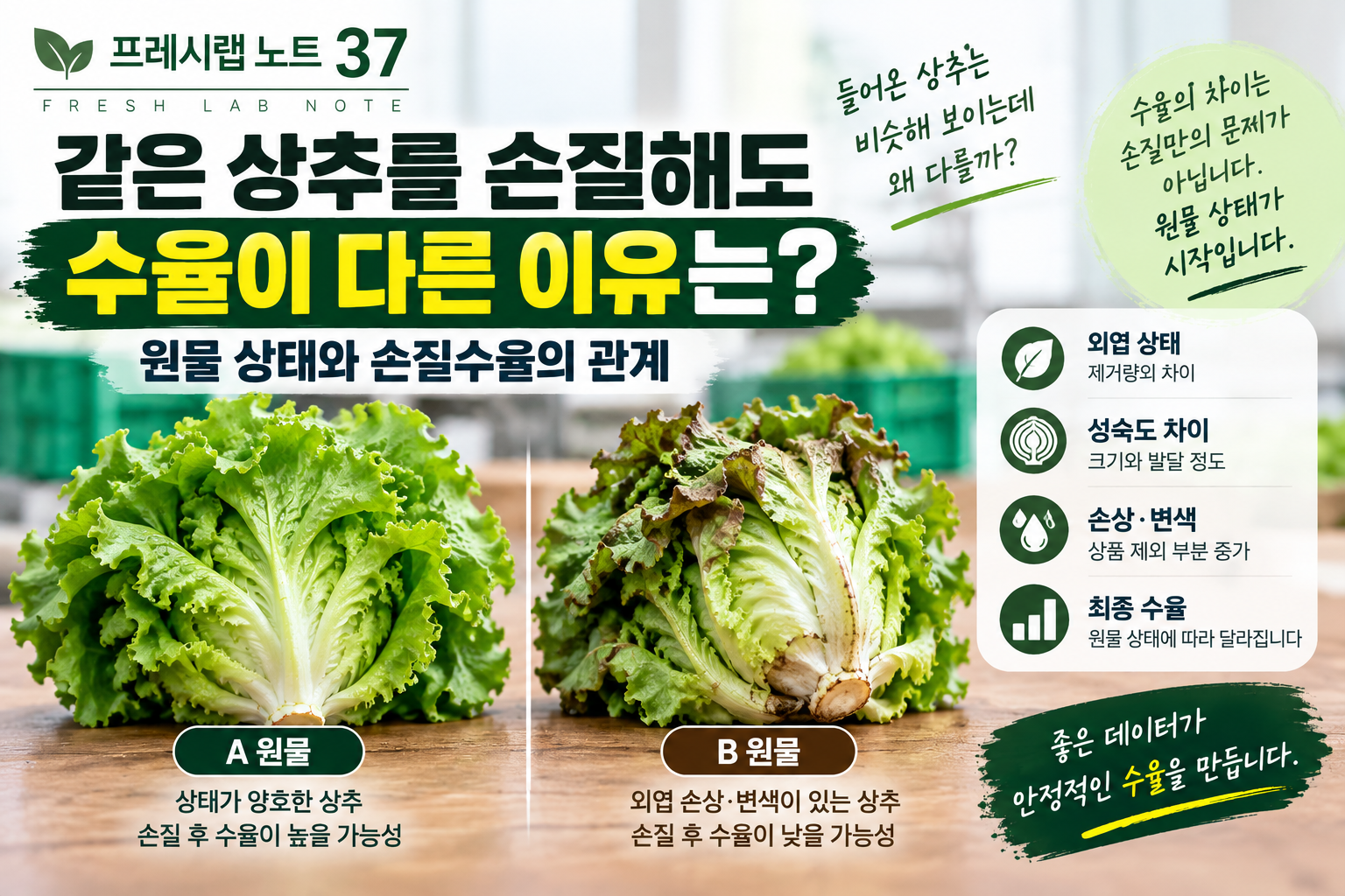 상추 원물 상태와 손질 수율 비교