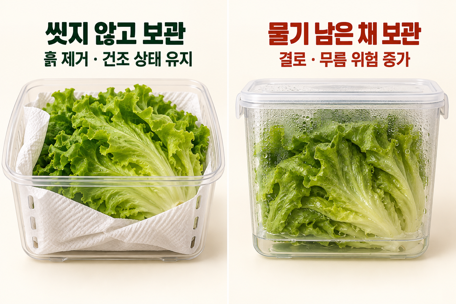 씻지 않은 상추와 물기가 남은 상추의 보관 상태 비교